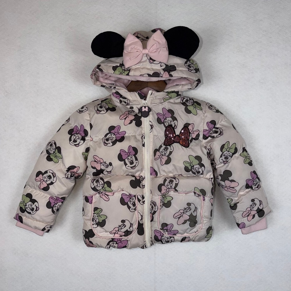 Disney Minnie Mouse Puffer Jacket Girls 5T Off White Hooded 3D Ears Bow Coat